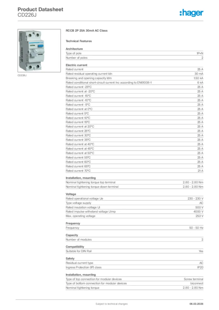 Image Hager Product data sheet CD226J  | Hager Africa