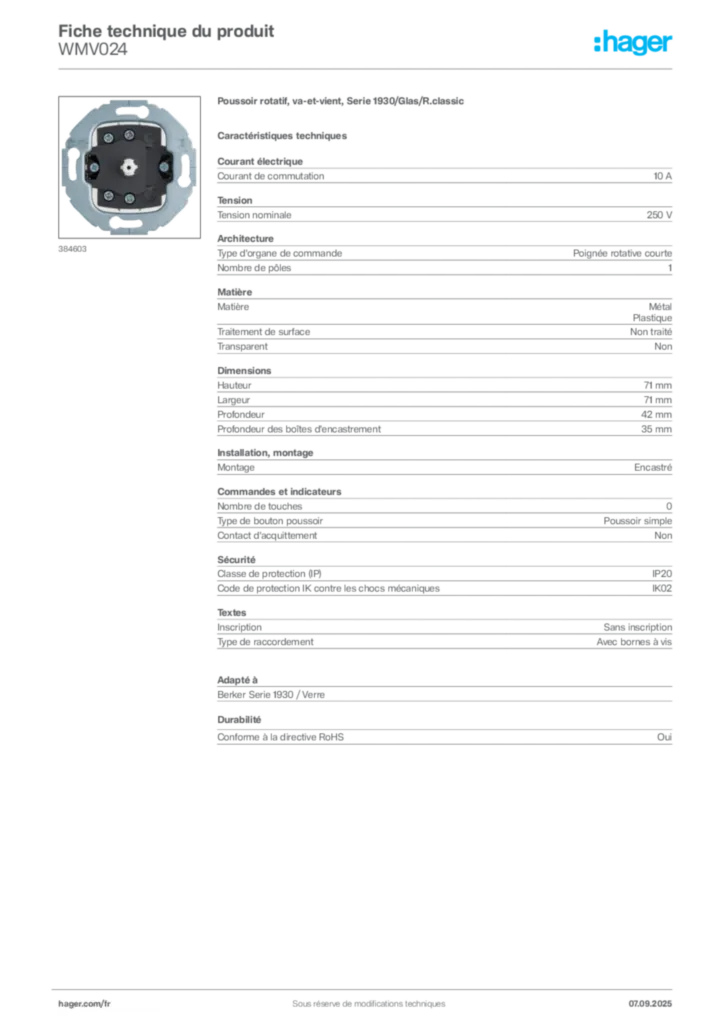 Image Hager Fiche technique du produit WMV024 | Hager France