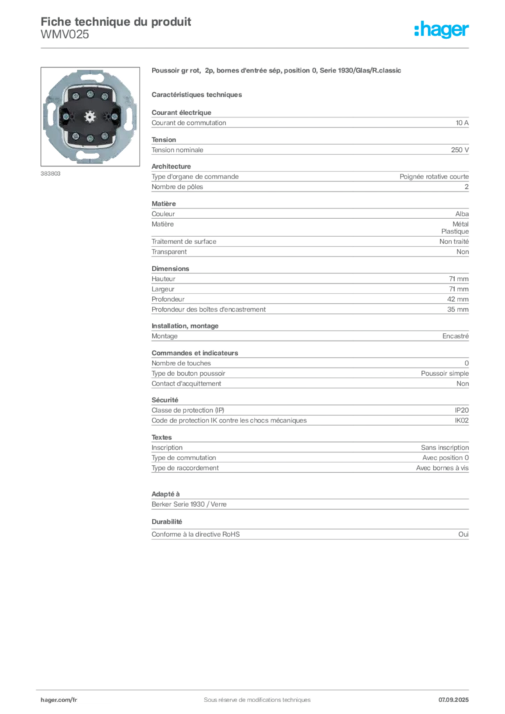 Image Hager Fiche technique du produit WMV025 | Hager France