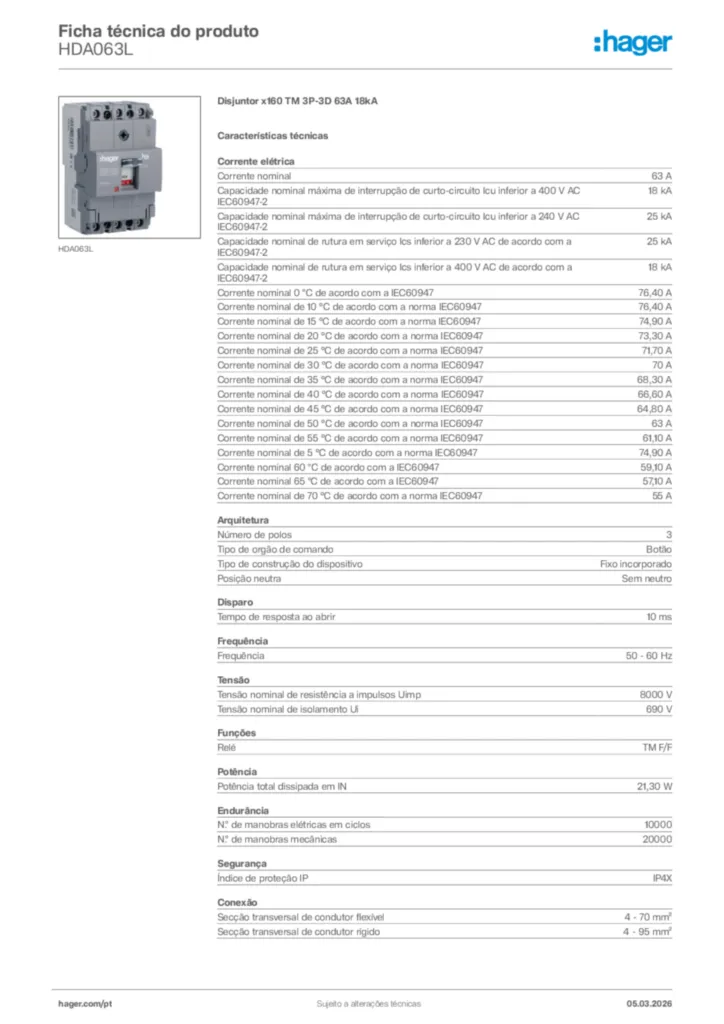 Imagem Hager Ficha técnica do produto HDA063L | Hager Portugal