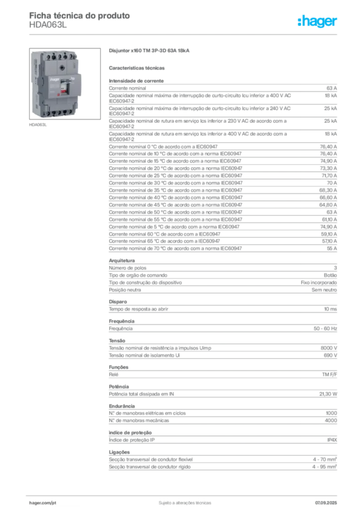 Imagem Hager Ficha técnica do produto HDA063L | Hager Portugal