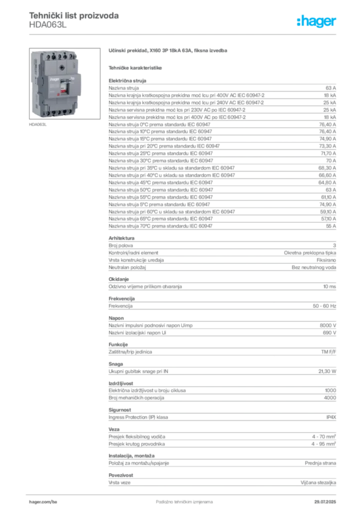 Slika Hager Product data sheet HDA063L  | Hager