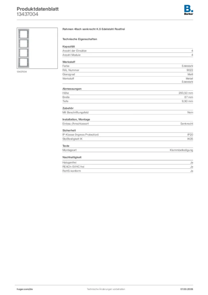 Bild Berker Produktdatenblatt 13437004 | Hager Deutschland