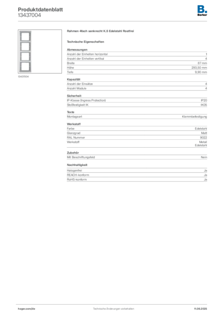 Bild Berker Produktdatenblatt 13437004 | Hager Deutschland