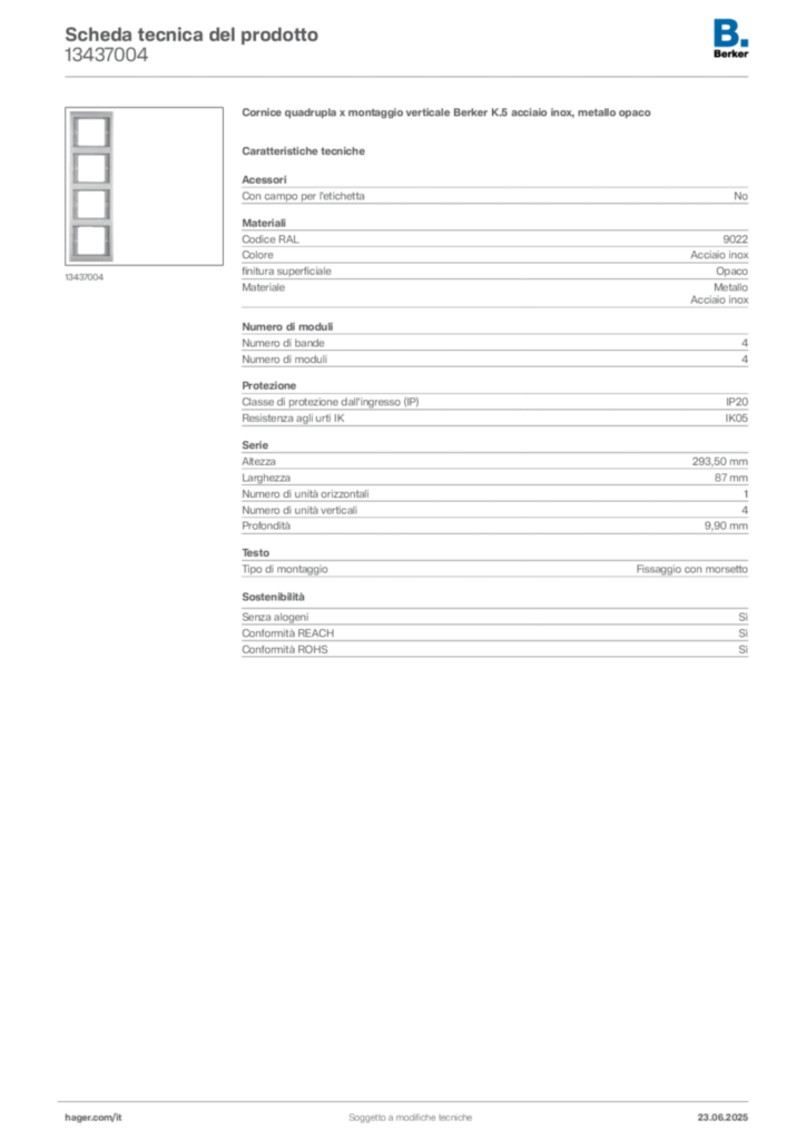 Immagine Berker Scheda tecnica del prodotto 13437004 | Hager Italia