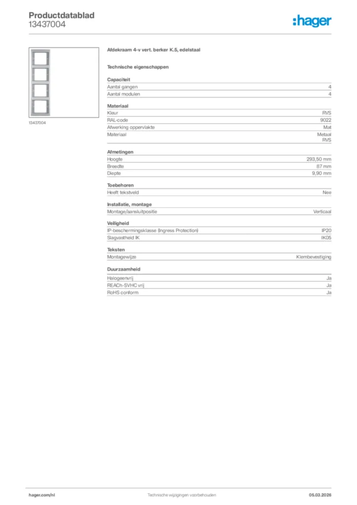 Afbeelding Hager Productdatablad 13437004 | Hager Nederland