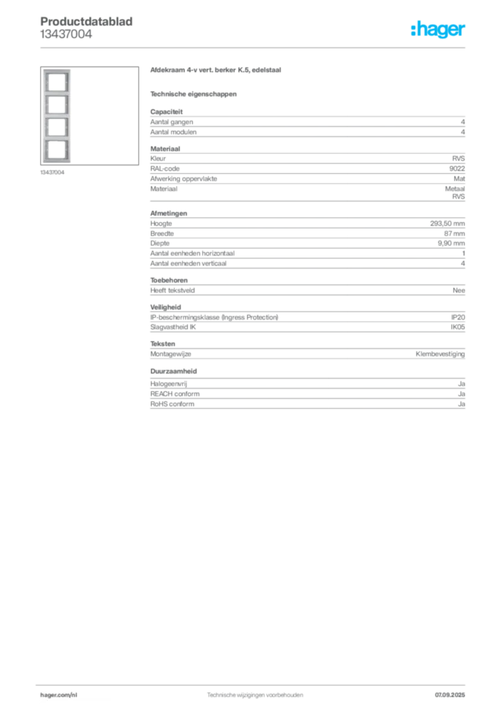 Afbeelding Hager Productdatablad 13437004 | Hager Nederland