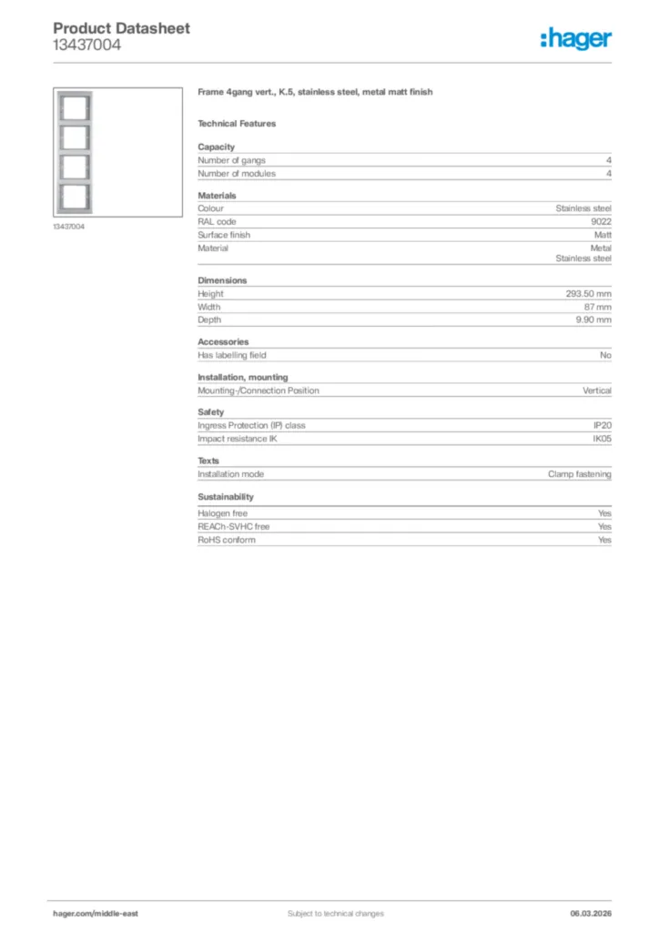 Image Hager Product data sheet 13437004  | Hager