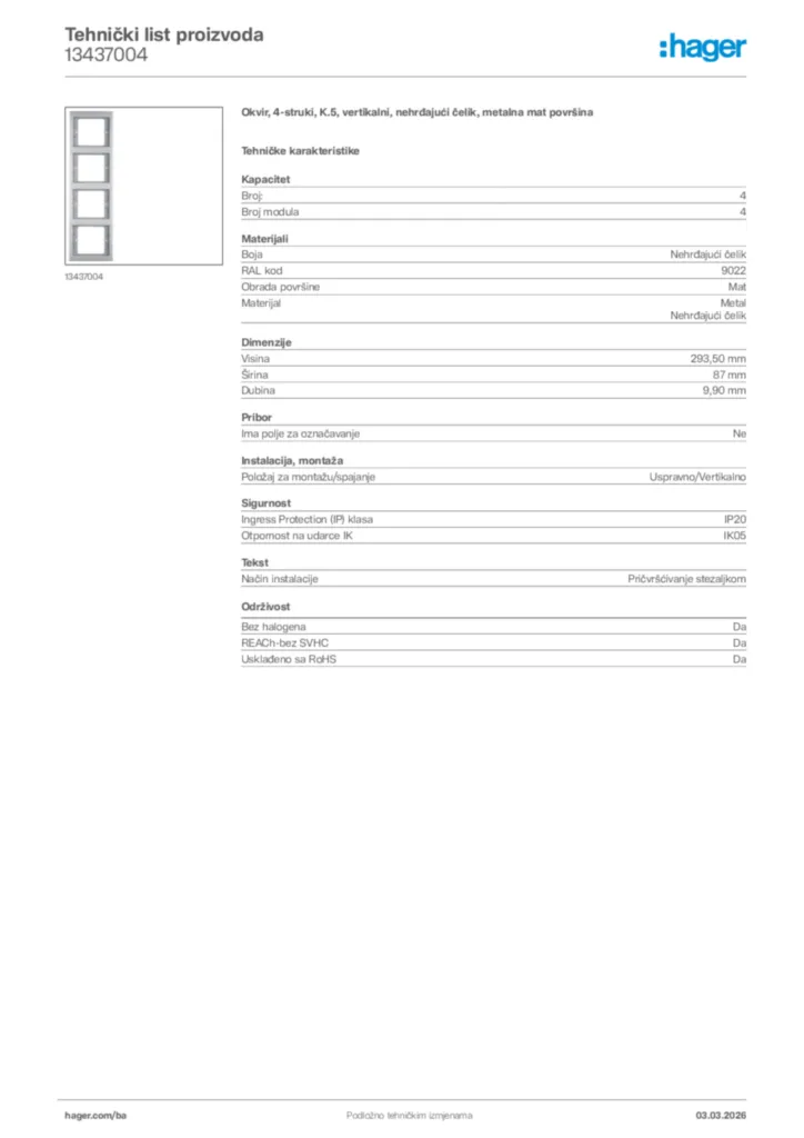 Slika Hager Tehnički list proizvoda 13437004  | Hager
