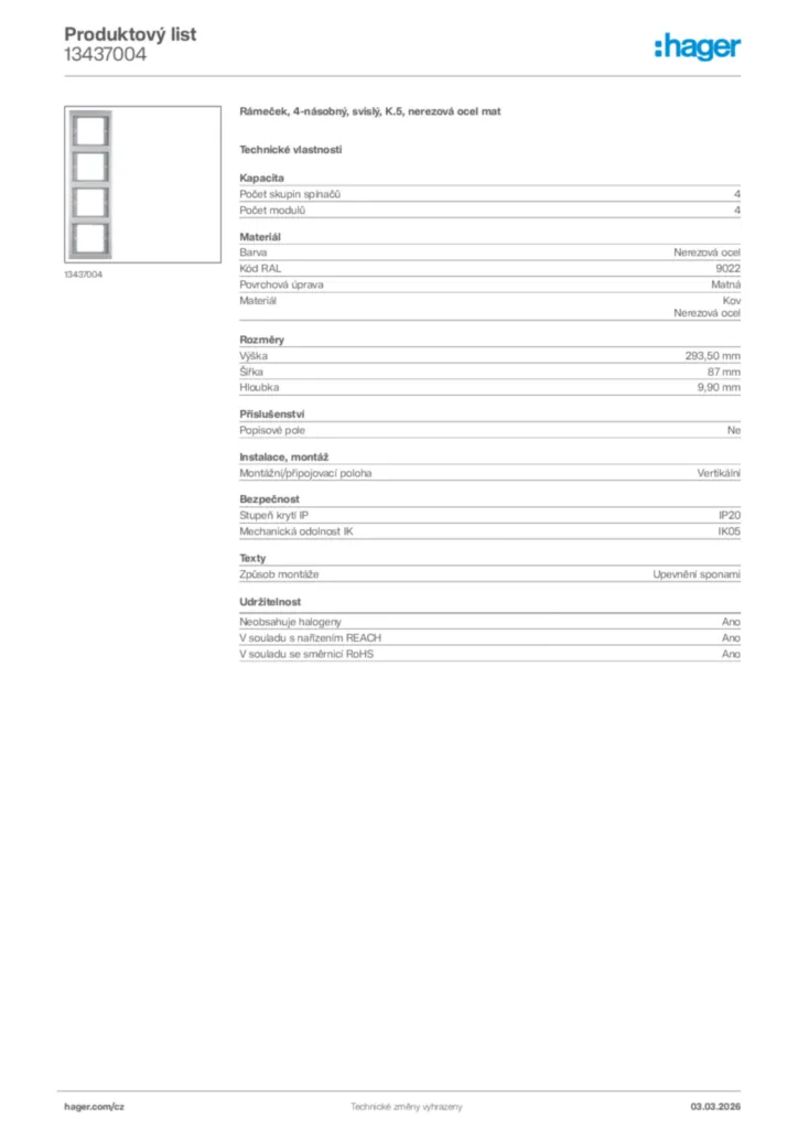 Obrázek Hager Product data sheet 13437004 | Hager