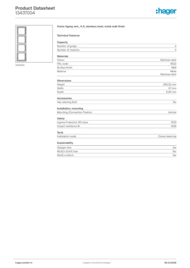 Image Hager Product data sheet 13437004  | Hager