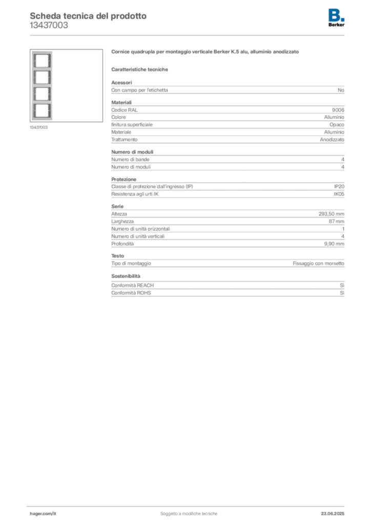 Immagine Berker Scheda tecnica del prodotto 13437003 | Hager Italia