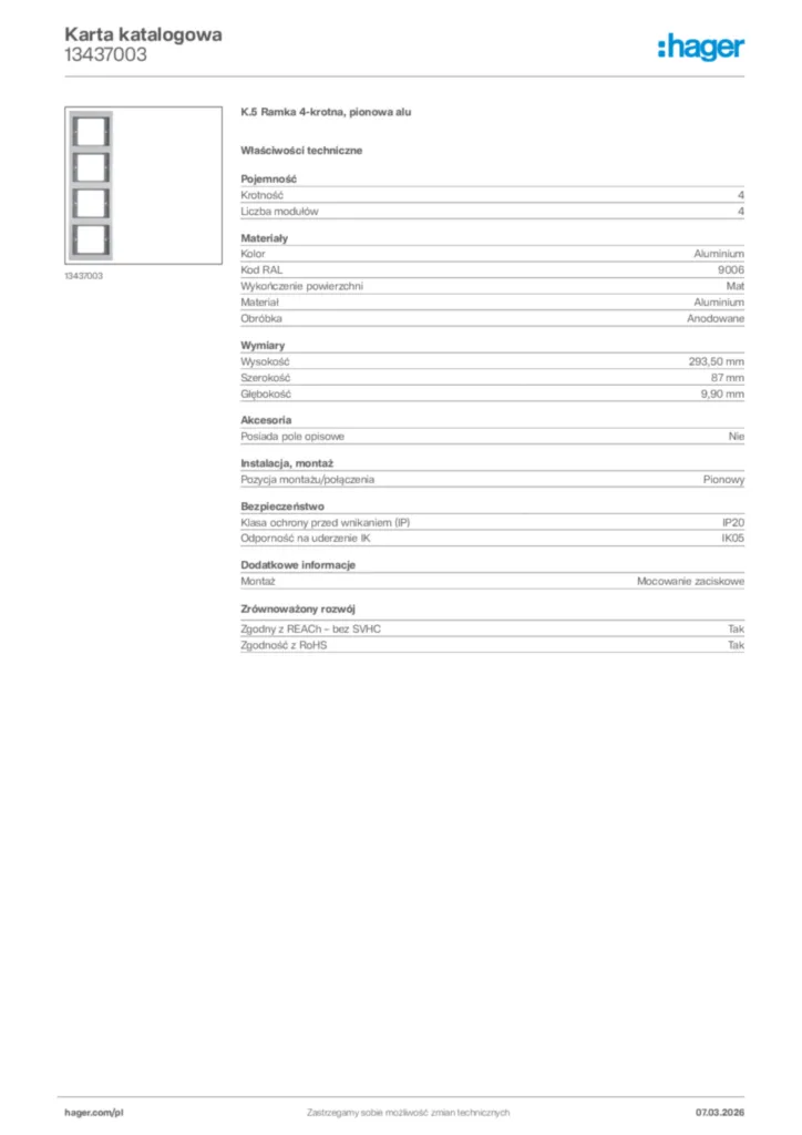 Zdjęcie Hager Karta katalogowa 13437003 | Hager Polska