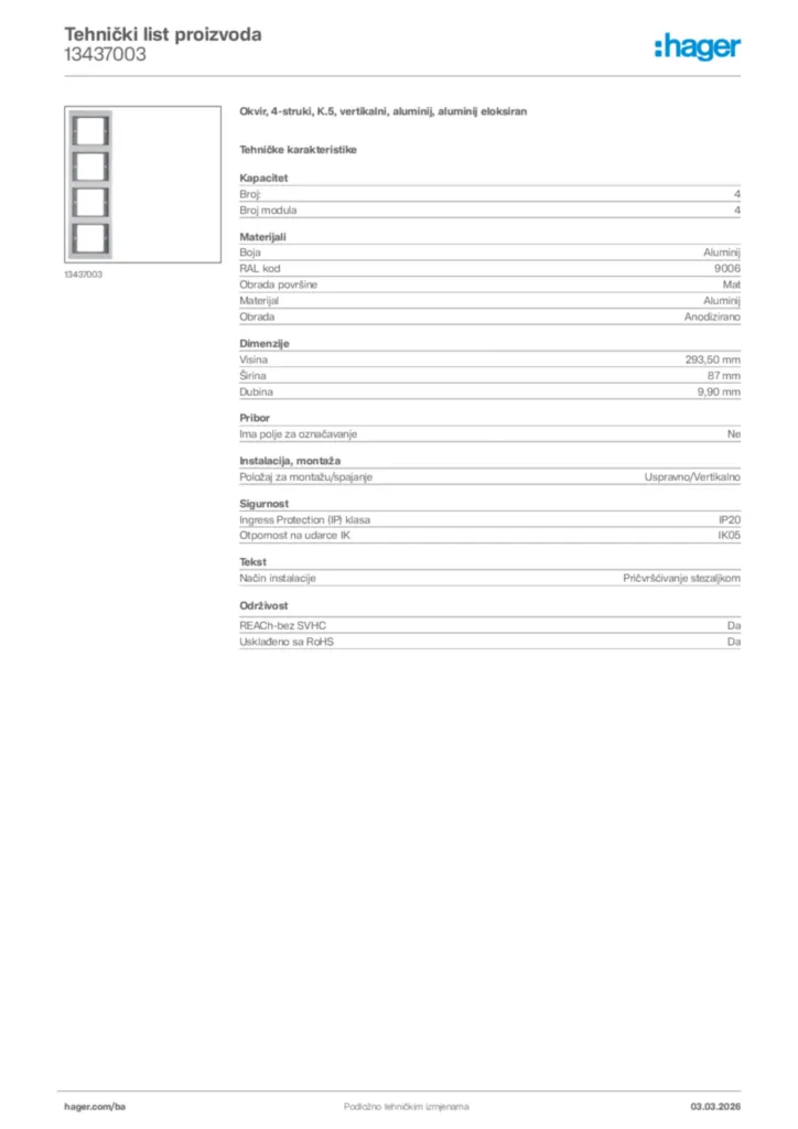 Slika Hager Tehnički list proizvoda 13437003  | Hager