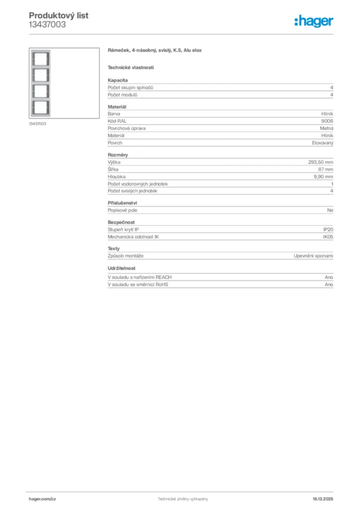 Obrázek Hager Produktový list 13437003 | Hager