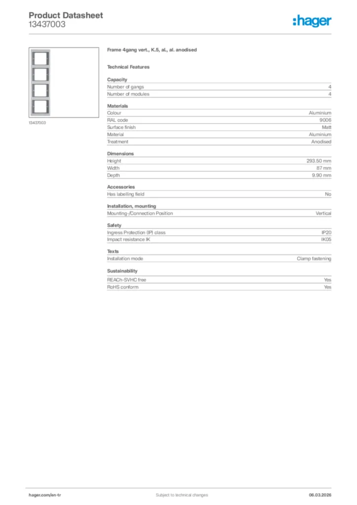 Image Hager Product data sheet 13437003  | Hager