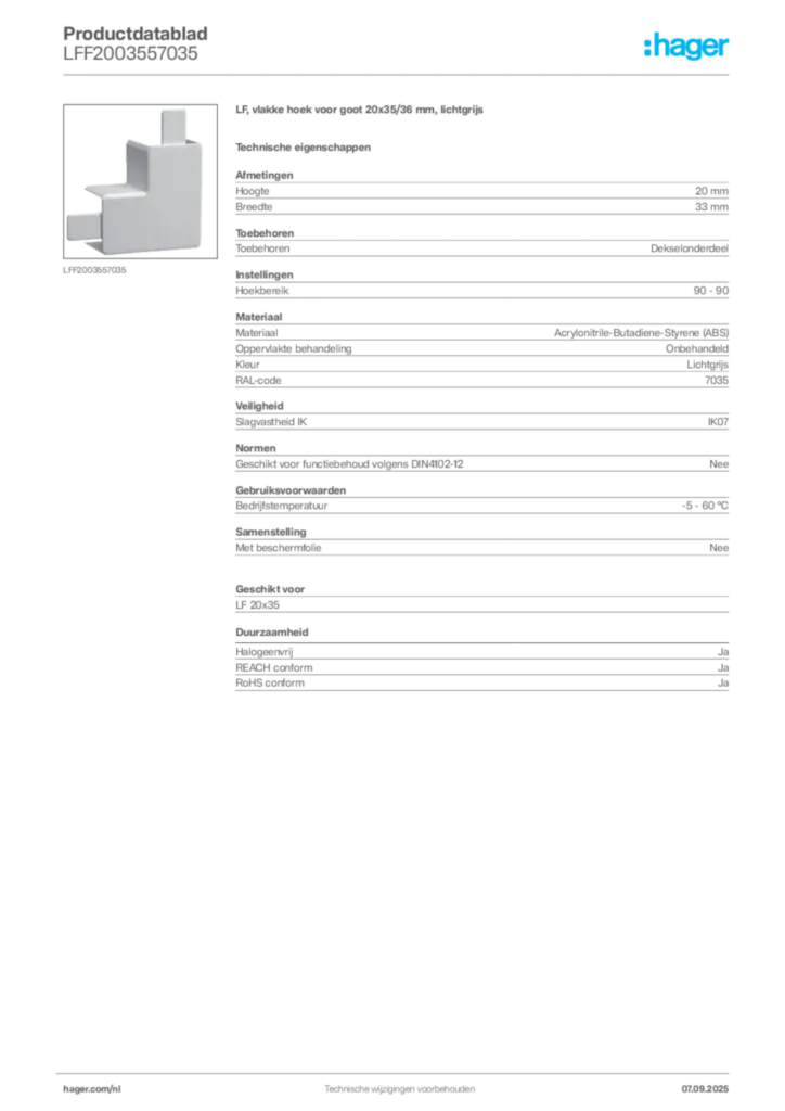 Afbeelding Hager Productdatablad LFF2003557035 | Hager Nederland