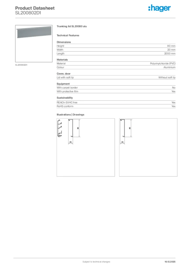 Image Hager Product data sheet SL200802D1  | Hager Africa