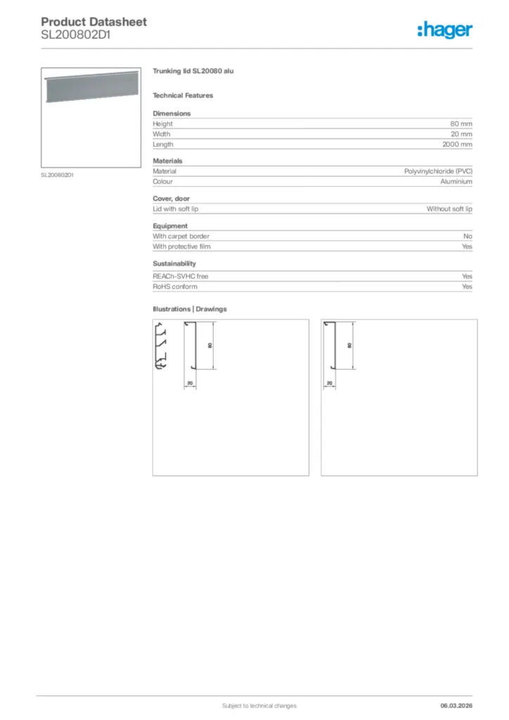 Image Hager Product data sheet SL200802D1  | Hager Africa