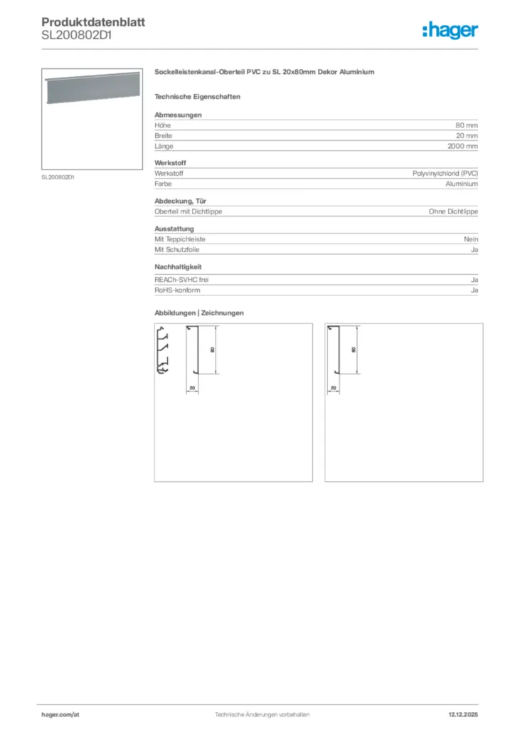 Bild Hager Produktdatenblatt SL200802D1 | Hager Deutschland
