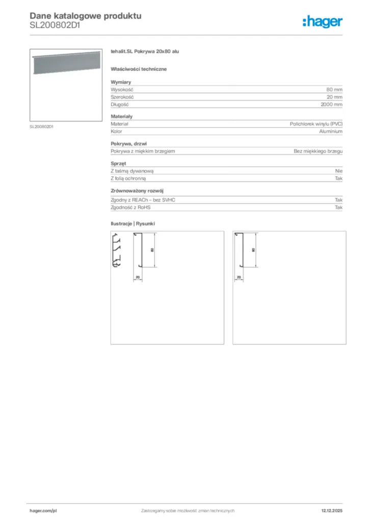 Zdjęcie Hager Karta katalogowa SL200802D1 | Hager Polska