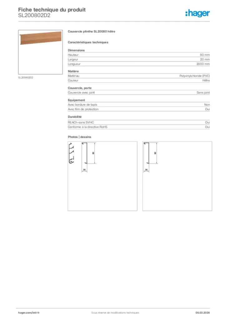 Image Hager Fiche technique du produit SL200802D2 | Hager Afrique