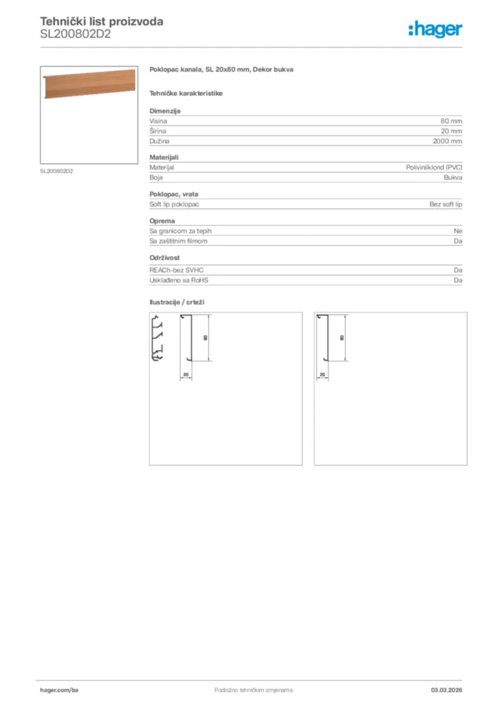 Slika Hager Tehnički list proizvoda SL200802D2  | Hager