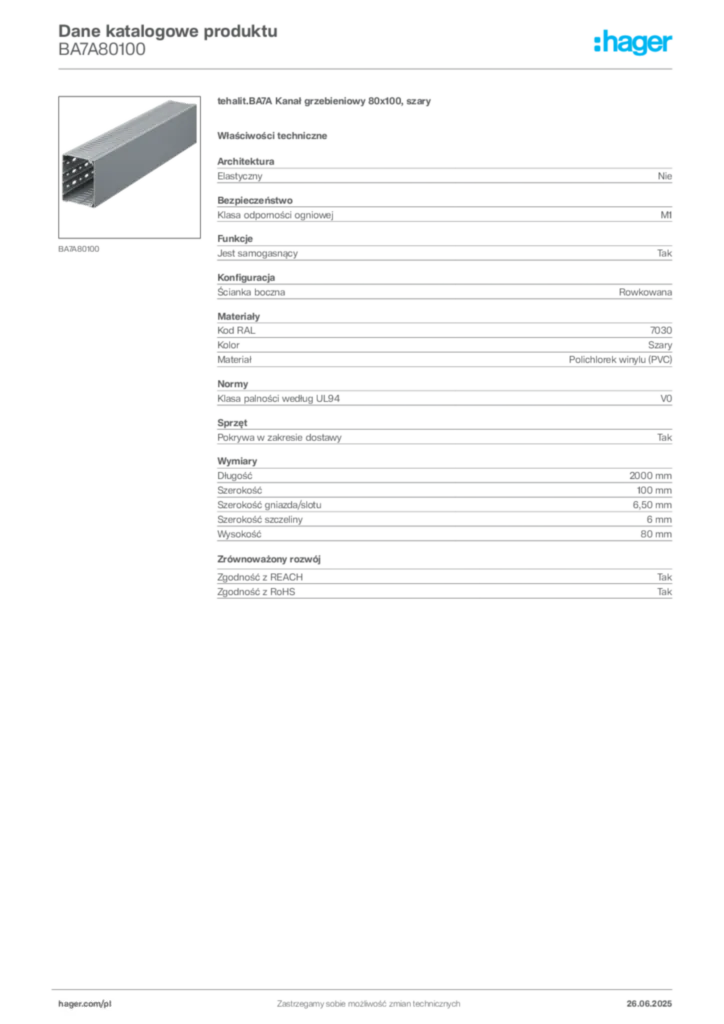 Zdjęcie Hager Karta katalogowa BA7A80100 | Hager Polska
