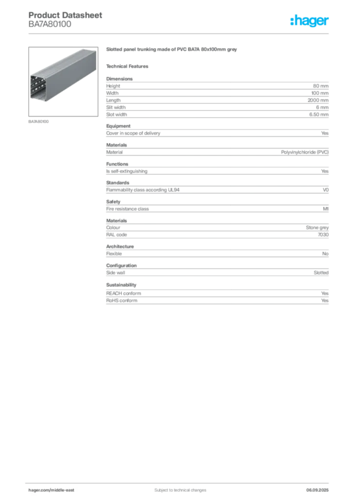 Image Hager Product data sheet BA7A80100  | Hager