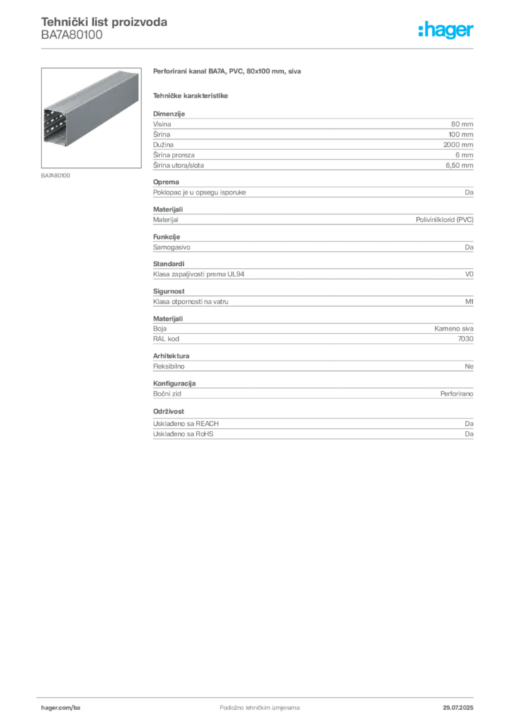 Slika Hager Product data sheet BA7A80100  | Hager