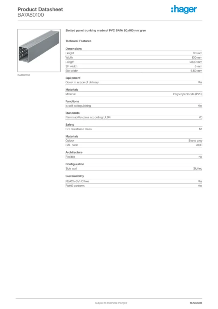 Image Hager Product data sheet BA7A80100  | Hager