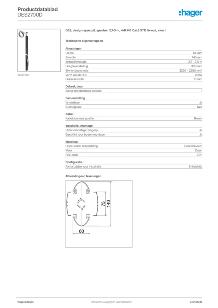 Afbeelding Hager Productdatablad DES2700D | Hager Nederland