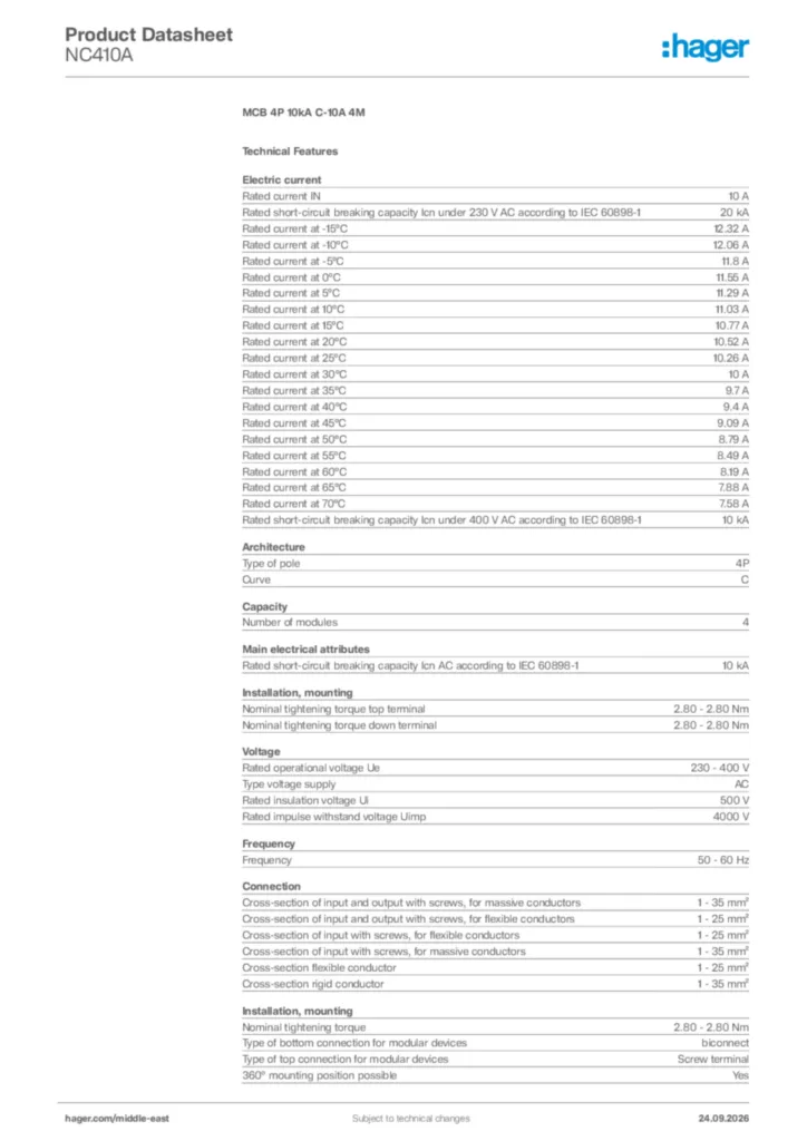 Image Hager Product data sheet NC410A  | Hager
