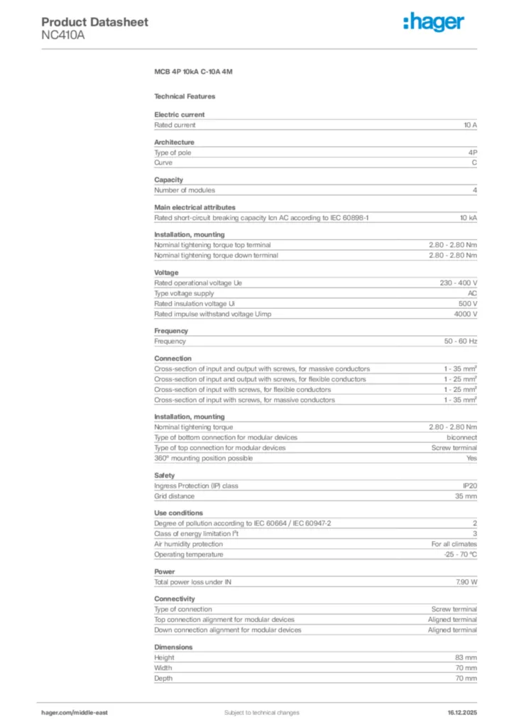 Image Hager Product data sheet NC410A  | Hager