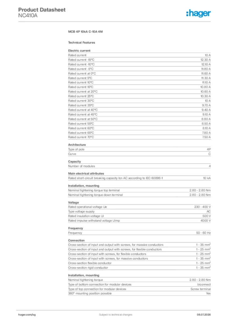 Image Hager Product data sheet NC410A  | Hager