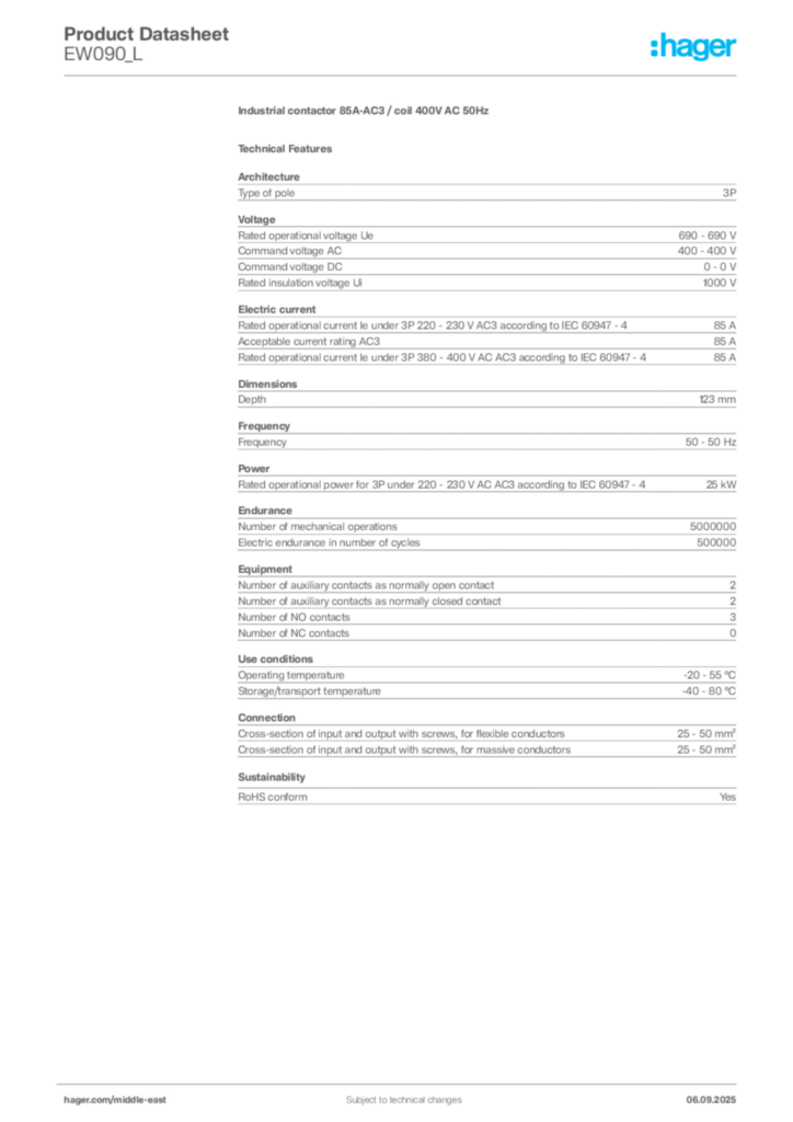 Image Hager Product data sheet EW090_L  | Hager
