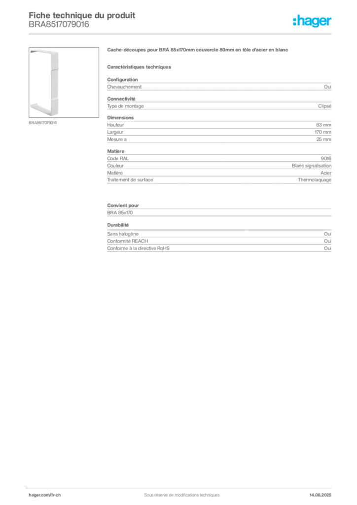 Image Hager Fiche technique du produit BRA8517079016 | Hager Suisse