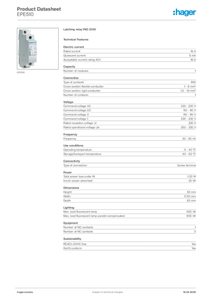 Image Hager Product data sheet EPE510  | Hager Australia