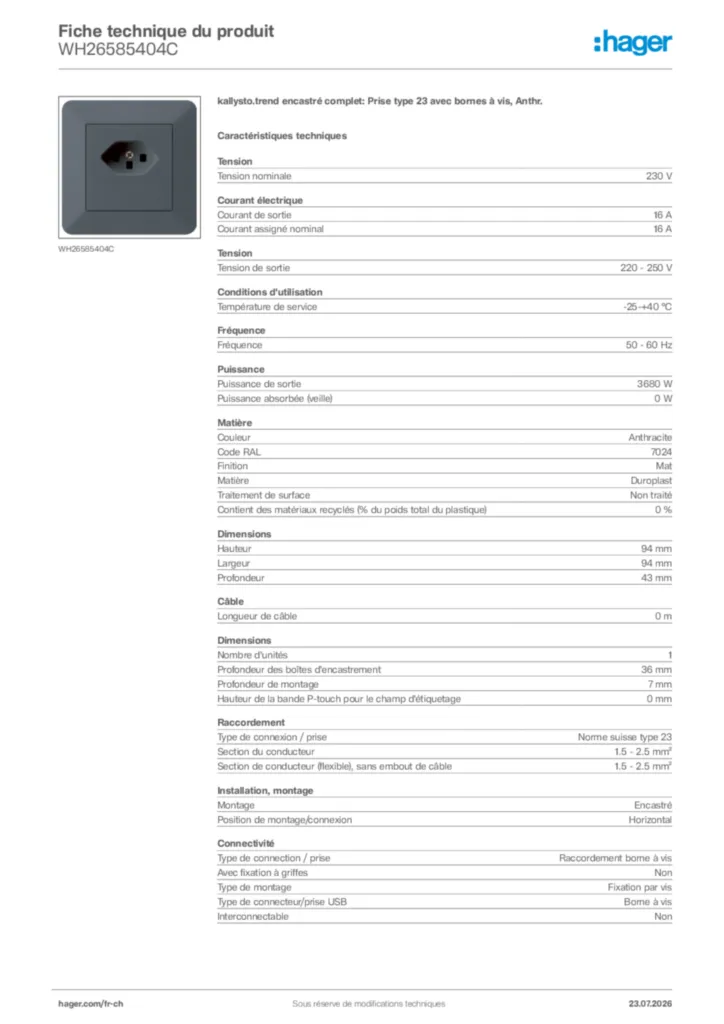 Image Hager Fiche technique du produit WH26585404C | Hager Suisse