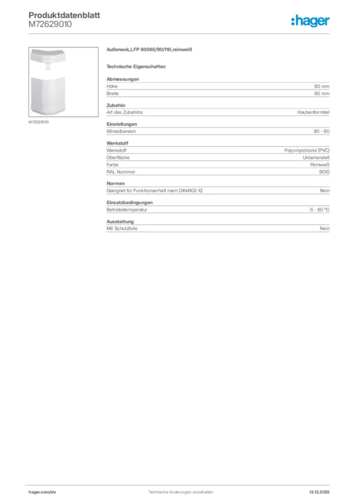 Bild Hager Produktdatenblatt M72629010 | Hager Deutschland