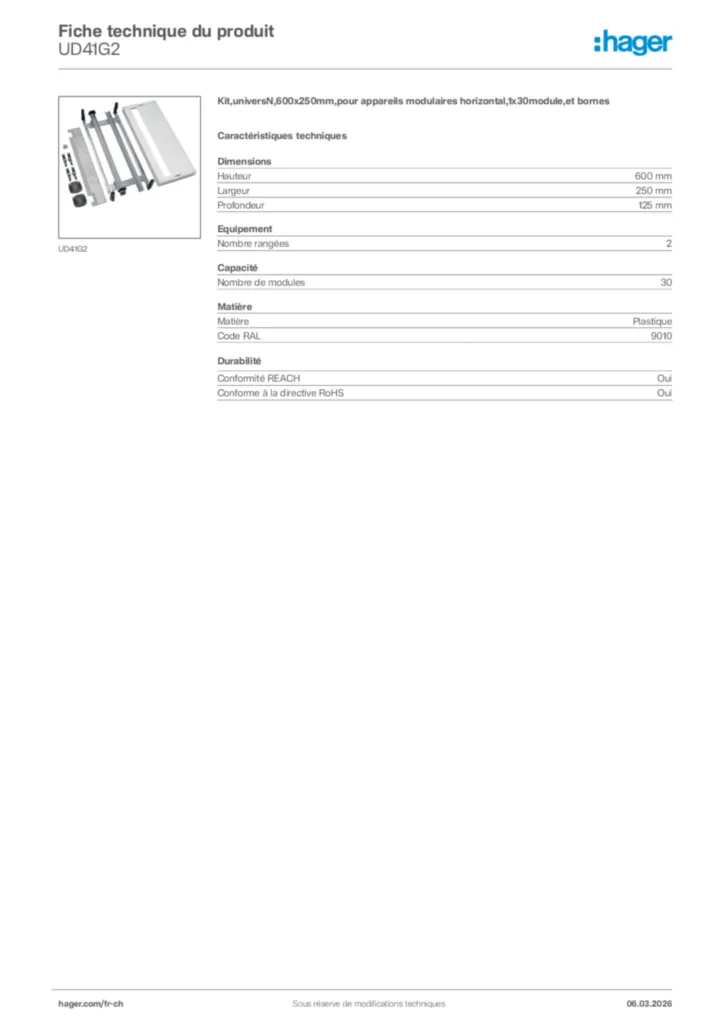 Image Hager Fiche technique du produit UD41G2 | Hager Suisse