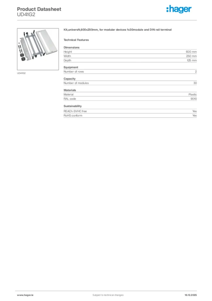 Image Hager Product data sheet UD41G2  | Hager