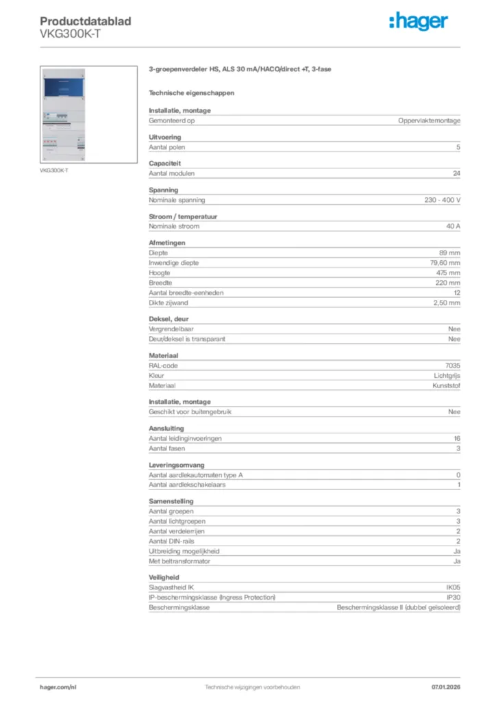 Afbeelding Hager Productdatablad VKG300K-T | Hager Nederland
