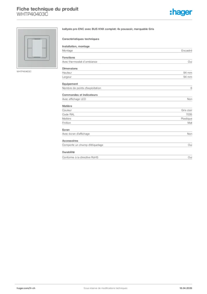 Image Hager Fiche technique du produit WHTP40403C | Hager Suisse