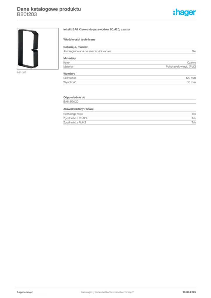 Zdjęcie Hager Karta katalogowa B801203 | Hager Polska