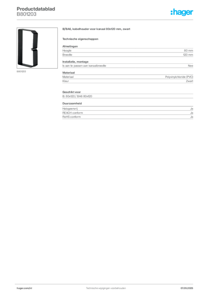 Afbeelding Hager Productdatablad B801203 | Hager Nederland