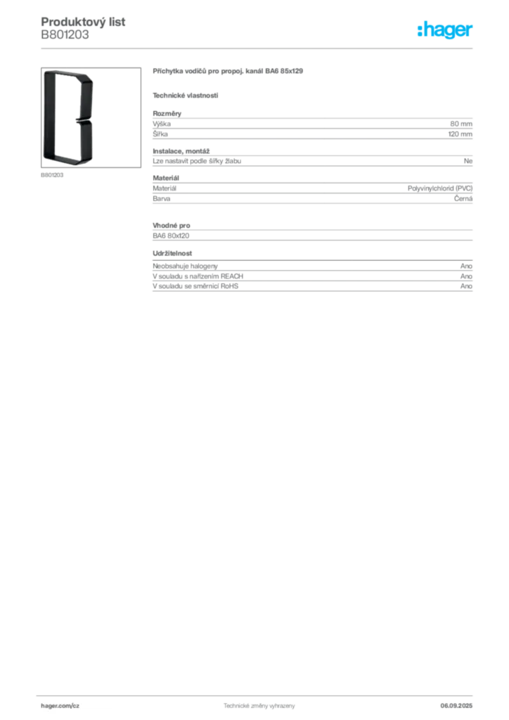 Obrázek Hager Produktový list B801203 | Hager
