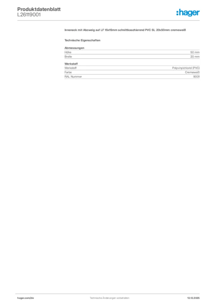 Bild Hager Produktdatenblatt L26119001 | Hager Deutschland