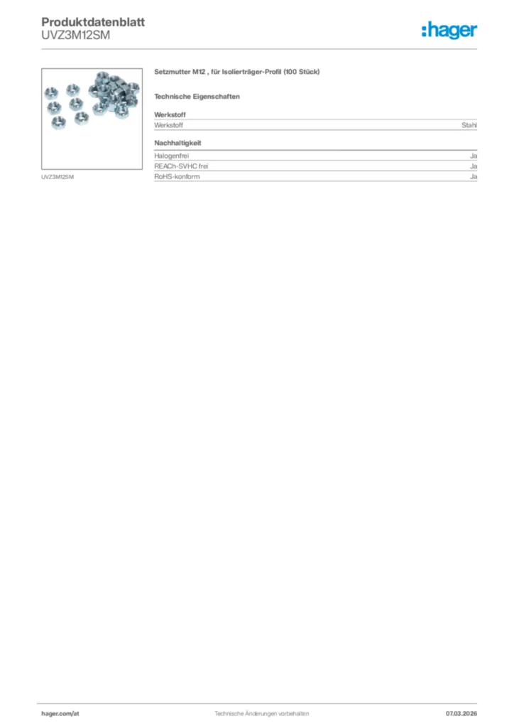 Bild Hager Produktdatenblatt UVZ3M12SM | Hager Deutschland