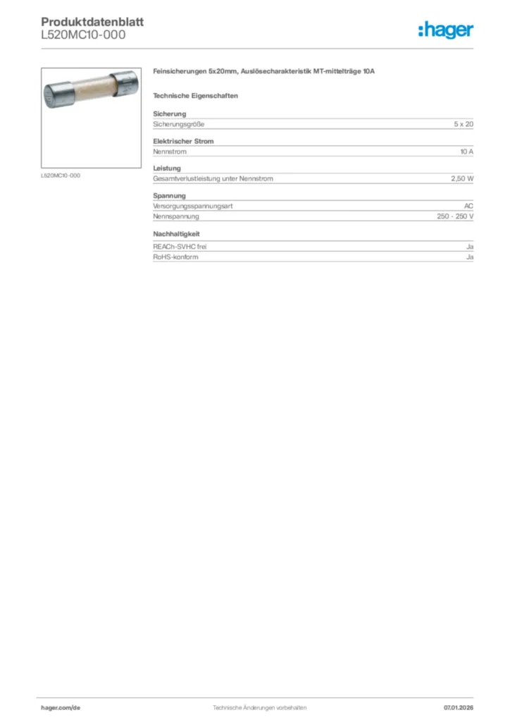 Bild Hager Produktdatenblatt L520MC10-000 | Hager Deutschland